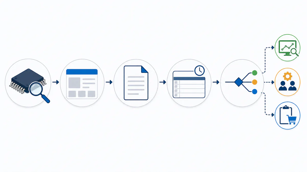Icon workflow showing a component check, manufacturer source, product notice, evidence record, and lifecycle action.