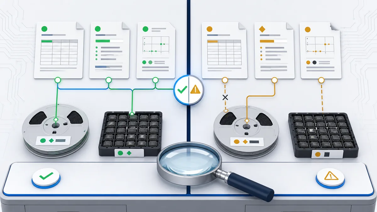 Electronic component document review showing matched records and traceability red flags Electronic component document review showing matched records and traceability red flags