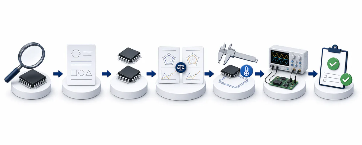 Visual workflow from exact component identification through comparison, testing, and approval Visual workflow from exact component identification through comparison, testing, and approval