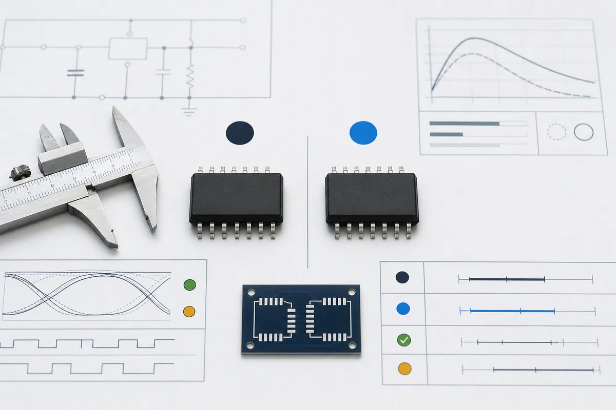 Two unbranded electronic components being compared with package and datasheet review tools Two unbranded electronic components being compared with package and datasheet review tools