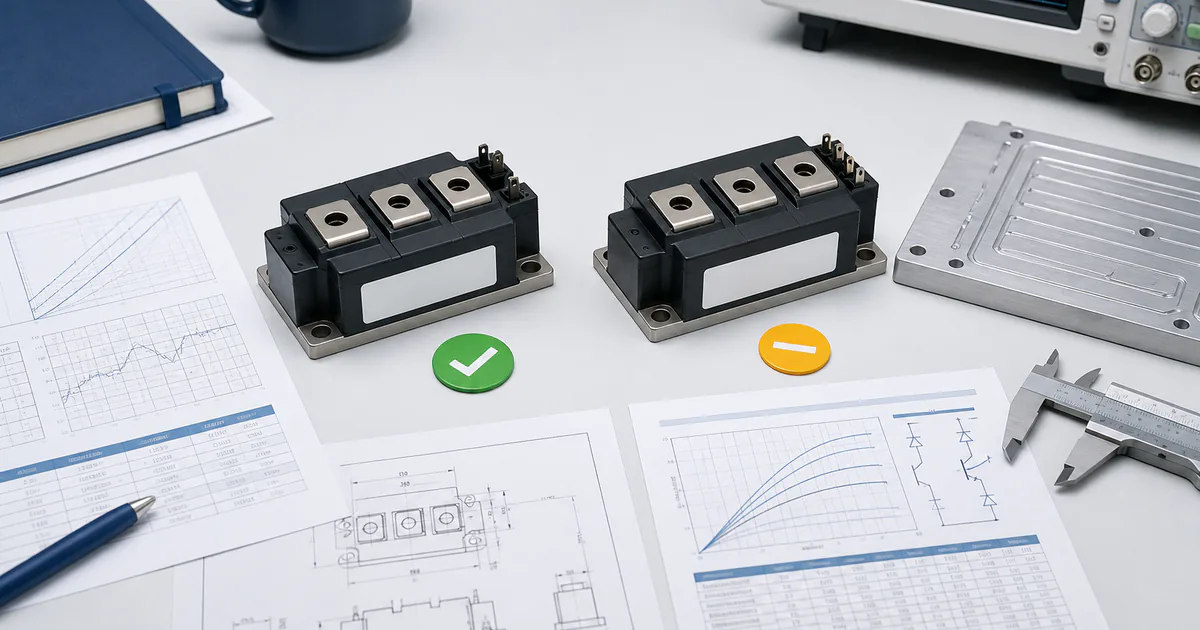 Engineer's desk comparing an original and candidate IGBT module with datasheets and test evidence