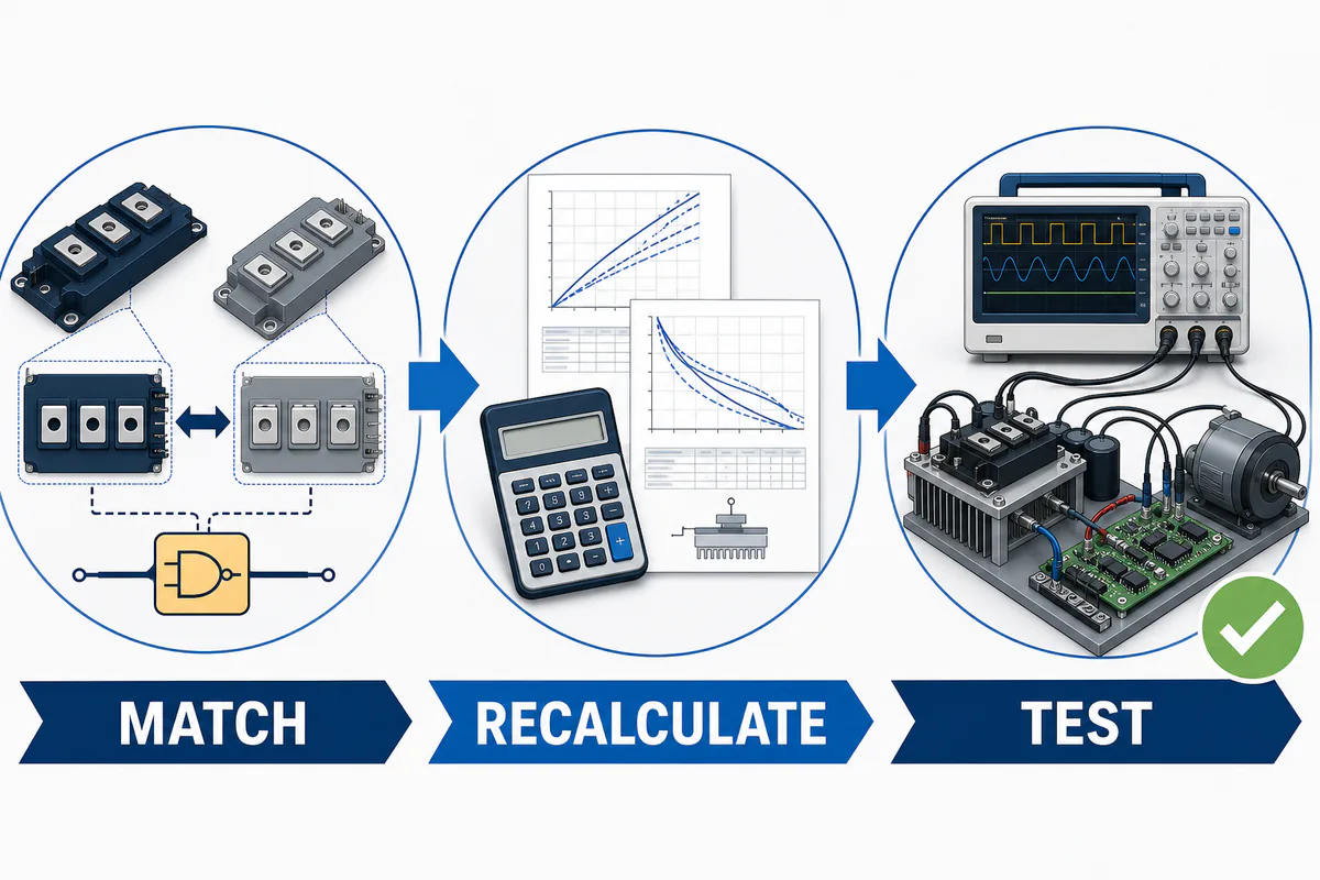 Three IGBT replacement decision gates: match, recalculate, and test